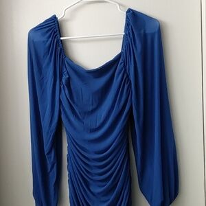 Shein size large sapphire blue ruched dress below knee length, sheer sleeve
